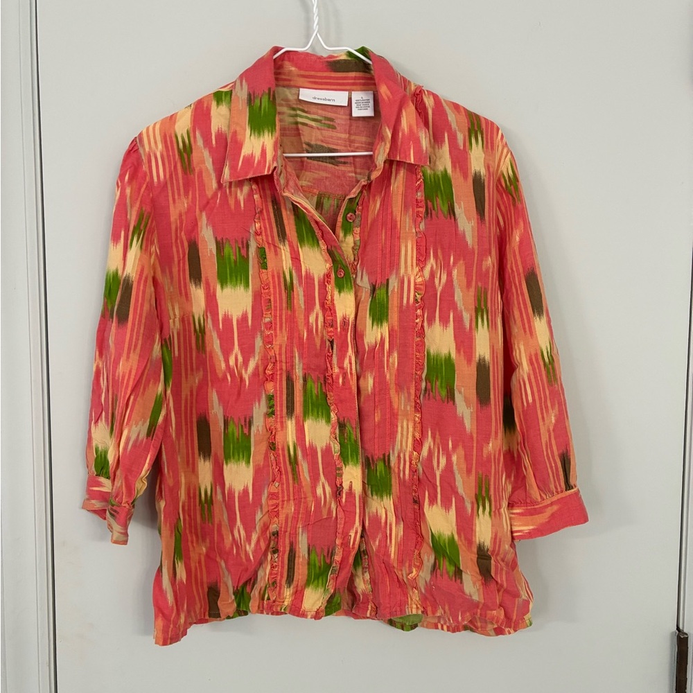 dressbarn Coral, Green & Cream Ikat Button-Down Shirt